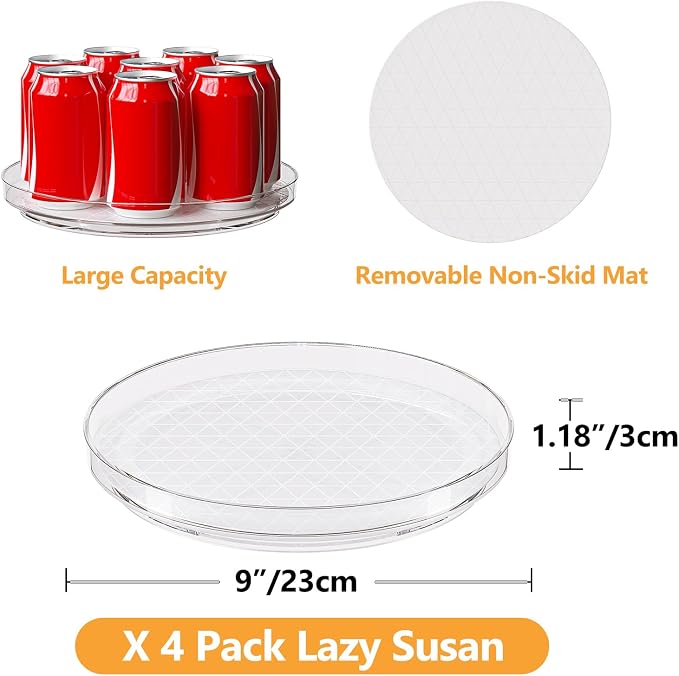 Lazy Susan Turntable Organizer (4 Pack), 9 Inch Non-Skid Clear Rotating Spice Rack for Kitchen Cabinet, Pantry, Fridge, Tabletop, Round Spinning Tray for Bathroom Countertop, Makeup Vanity, Under Sink