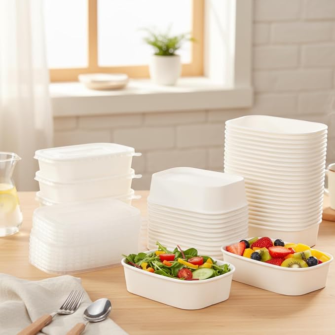 Maxdot 50 Pack 19 oz Disposable Food Containers with Lids Paper Food Containers Bowls for Meal Prep, Salad, Ice Cream, Yogurt, Soup Bowls Party Leftover Box