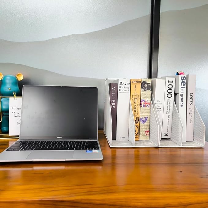 Mesh Magazine File Holder, 2 Pack Set, Desk Organizer | Sturdy metal mesh file holder. 2 compartments for magazines, documents. Desktop storage for office & home. White.