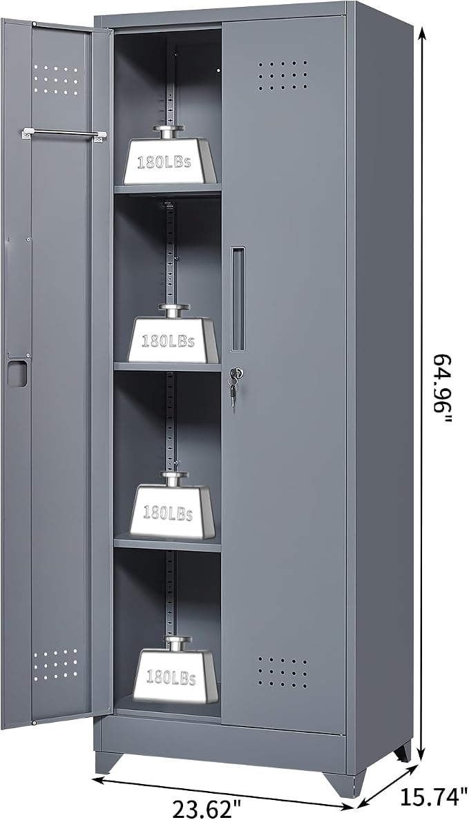 Broom Closet Storage Cabinet, Steel Locking Cabinet with Hanging Rod, 65" Cleaning Storage with Doors and Hooks, Tall Broom Tool Cabinets for Office, Garage