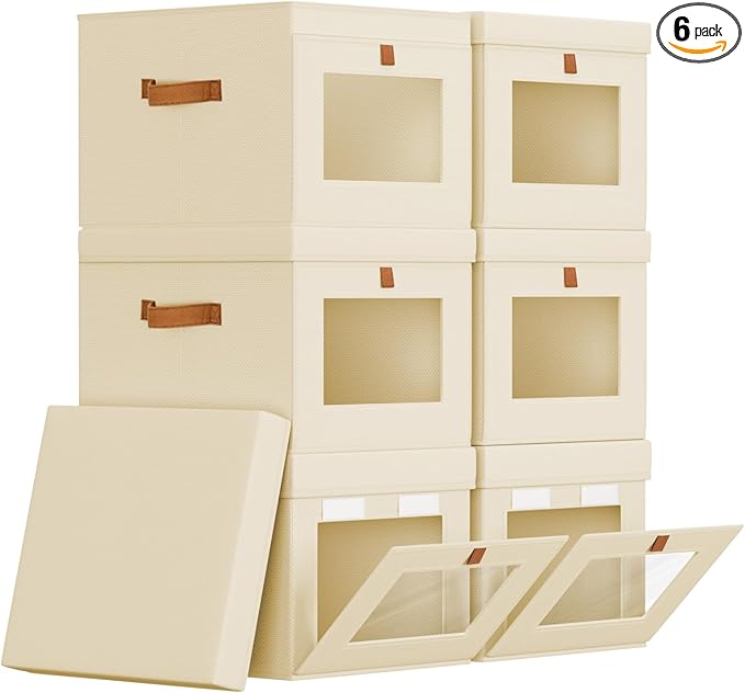 Homsorout Storage Bins with Lid – Closet Organizer with Side Opening and Clear Window, Foldable Stackable Fabric Basket for Clothes, Home, Office - 13.77" x 11.8" x 9.8", 6 Pack, Beige