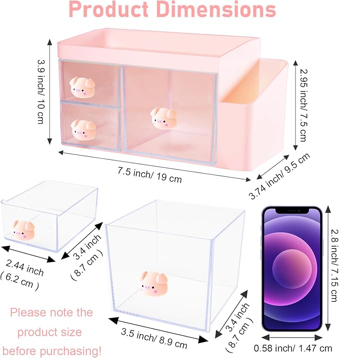 SAYEEC Desk Organizer with 3 Drawers Multi-Functional Makeup Organizer with 5 Compartments Plastic Pencil Pen Holder Desktop Storage Box Desk Accessories Caddy for Vanity Office Home Art Supplies Pink