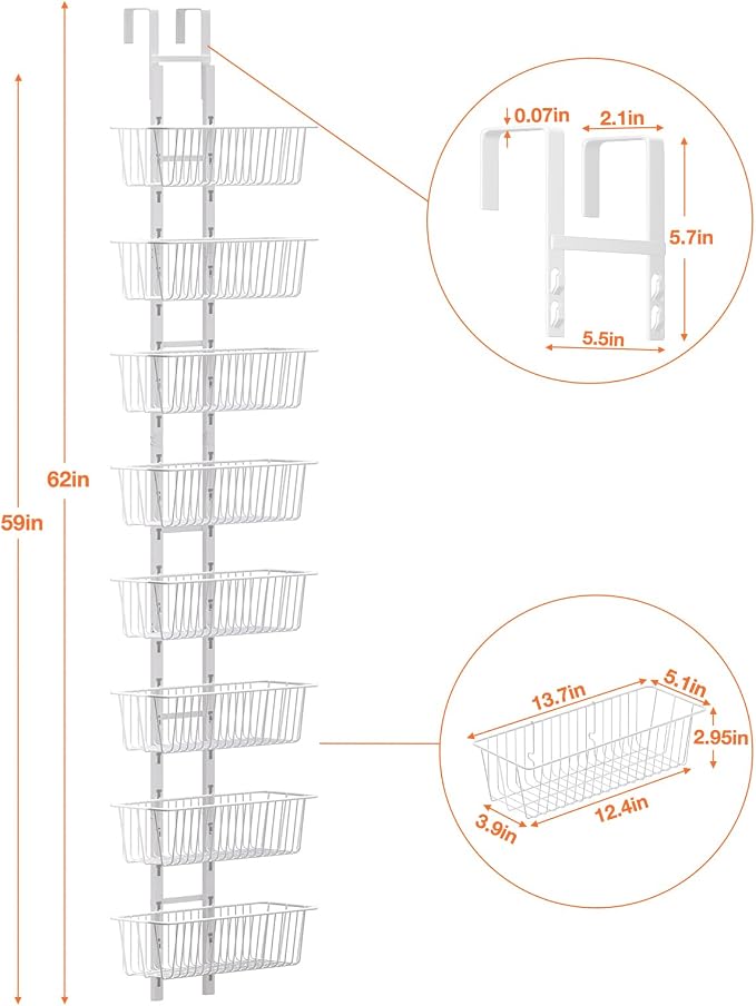 8 Tier Over the Door Pantry Organizer, Over the Door Spice Rack with Adjustable Baskets, Metal Hanging Door Pantry Organizers and Storage for Kitchen Bathroom Bedroom, White