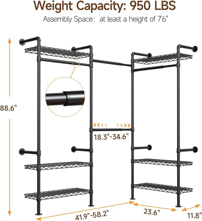 L3 Wall Mounted Metal Pipe Closet System Heavy Duty Corner Garment Rack | Max Load 950LBS with 4 Telescopic Rods & 6 Wire Shelves Black Industrial Modular Clothing Clothes Rack Wardrobe Closet