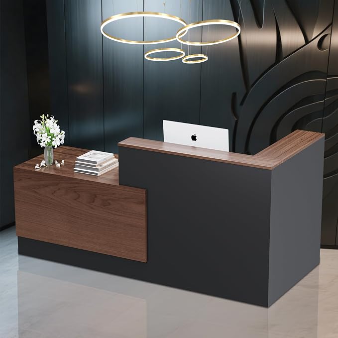Ceridwen L-Shaped Large Wooden Reception Desk, Modern Front Desk Reception Counter with Lockable Drawers, Storage & Keyboard Tray for Office Lobby Checkout (Left-Brown + Black, 87''L x 42''W x 41''H)