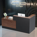 Ceridwen L-Shaped Large Wooden Reception Desk, Modern Front Desk Reception Counter with Lockable Drawers, Storage & Keyboard Tray for Office Lobby Checkout (Left-Brown + Black, 87''L x 42''W x 41''H)