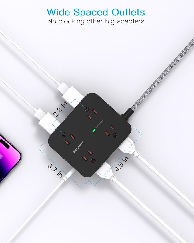 Power Strip Surge Protector, HANYCONY 8 Outlets with 4 USB Charging Ports(2 USB C), 3 Side Outlet Extender with 5 Ft Extension Cord, Flat Plug, Wall Mount, Desk Charging Station for Home Office ETL