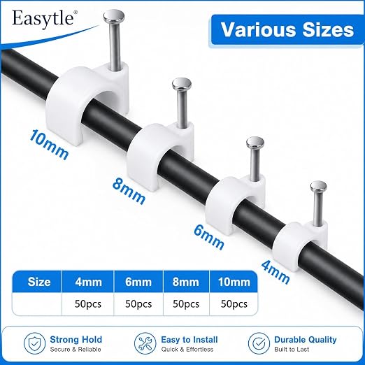 Cable Wire Clips 4mm 6mm 8mm 10mm (Pack of 200) Cable Management RG6 RG59 CAT5 CAT6 RJ45 Electrical Ethernet Dish TV Speaker Wire Cord Tie Holder Single Coaxial Nail Clamps