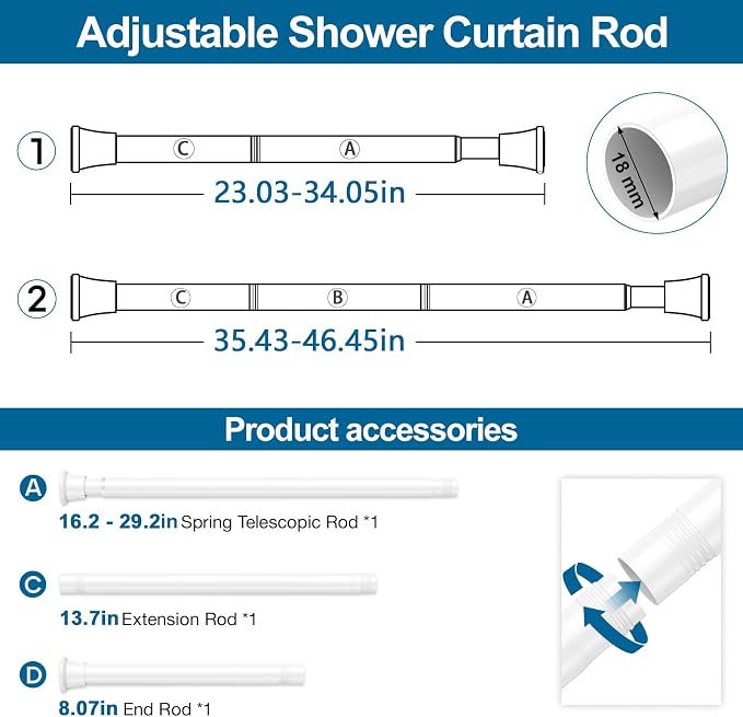 2Pack Tension Rods 23-46 Inch, Spring Loaded Curtain Rods Non-slip, Expandable Curtain Rod Tension No Drilling, Curtain Tension Rod For Window, Doorway, Kitchen, Tension Curtain Rod White