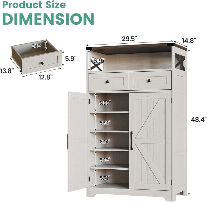 Maupvit Shoe Cabinet with Doors, 6-Tier Farmhouse Shoe Storage Cabinet with 2 Drawers & Adjustable Shelves, Shoe Cabinet Storage for Entryway, Wood Shoe Rack Organizer for Living Room Foyer Hallway