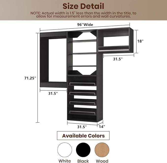 ROOMTEC Modular Closet System, 96" Wall Mounted Modern Closet Organizer with Hanging Rods and Shoe Shelf, Wooden Tower for Walk-In Closets, Wardrobe Storage Kit, Black