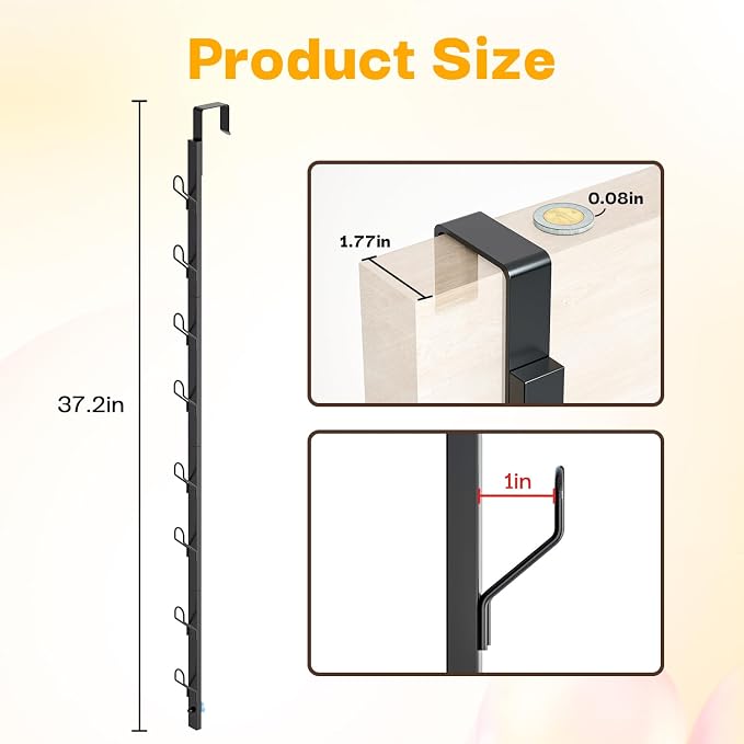 TOMIR Over The Door Hooks with 8 Hooks, Metal Long Hooks for Hanging, Behind Door Towel Rack, Purse, Coat Hanger, Non-Slip Pads with Suction Cups, Space-Saving Vertical Organizer, 37.2 Inches Black