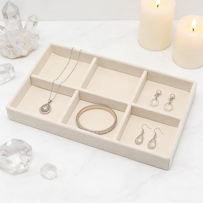 Velvet Jewelry Organizer Trays Beige Stackable Jewelry Storage Display Tray with Removable Dividers, 6 Grids
