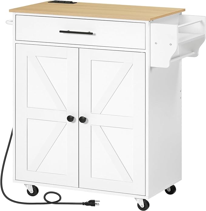 HOOBRO Kitchen Island with Power Outlet, Rolling Kitchen Island with Large Worktop, Kitchen Island Cart with Spice Rack and Drawer, Island Table for Dining Room, White and Natural WN88UZD01