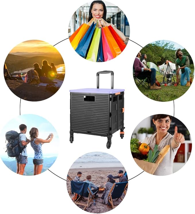FELICON SELORSS Foldable Utility Cart Folding Portable Rolling Crate Handcart with Heavy Duty Telescoping Handle Collapsible 4 Rotate Wheels for Travel Shopping Move Luggage Office Use(Black+Purple)