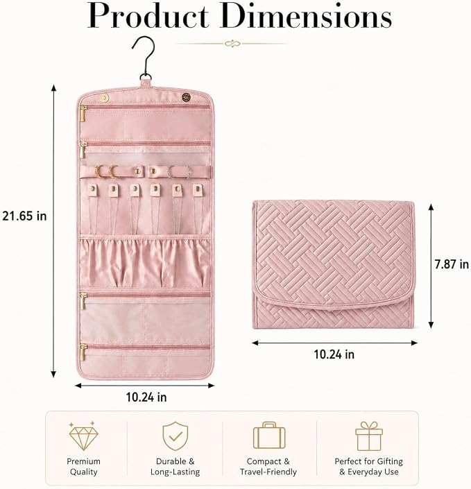 Double Sided Hanging Jewelry Organizer for Closet Door, Pink,Travel Closet | hanging jewelry organizer keeps earrings, rings, necklaces, and bracelets visible in a closet or travel bag.
