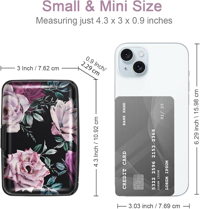 Coco Rossi Credit Card Holder RFID Aluminum Small Mini Wallet Women | Metal Wallet, Business Cards Holder, ID Case, Slim Sleeves, Womens Girls Gift, Carry Proof Wallets for Travel, Dark Roses