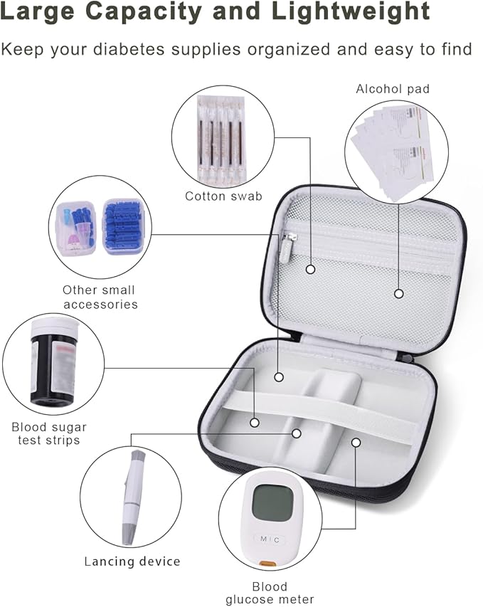 Krypthos Diabetic Supplies Travel Case, Carrying Case for Diabetes Blood Glucose Meter, Portable Diabetes Testing Kit Storage Organizer Bag for Blood Sugar Test Strips, Lancets, Lancing Device-Black | Krypthos Portable Diabetes Testing Kit Storage Orga...