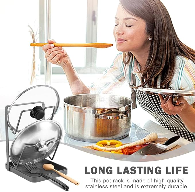 Kitchen Pot Lid Storage Rack, 2-Tier Stainless Steel Pan Lids Holder with Detachable Drip Tray While Cooking, Multifunctional Countertop Organizer for Pan Storage