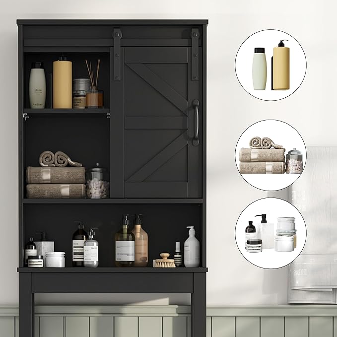 Over The Toilet Storage Cabinet, Bathroom Organizer with Adjustable Shelves and Anti-Tip Device, Space-Saving Storage Solution, Black