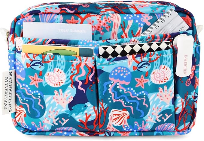 E-WEICHEN Multiple Pockets Portfolio Organizer with Zippered, Makeup Bag Travel Essentials for Women, Simple Waterproof Stationery Pencil Pouch Bag for Journal Office Art Supplies.Blue Jellyfish
