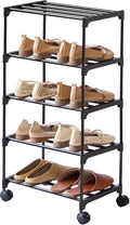 5-Tier Small Shoe Rack with Wheels, Slide-Out Metal Shoe Racks Storage, Anti-Rust Coating, Stackable Design - 16.9W for Entryway, Kitchen, Living Room & Office - Black