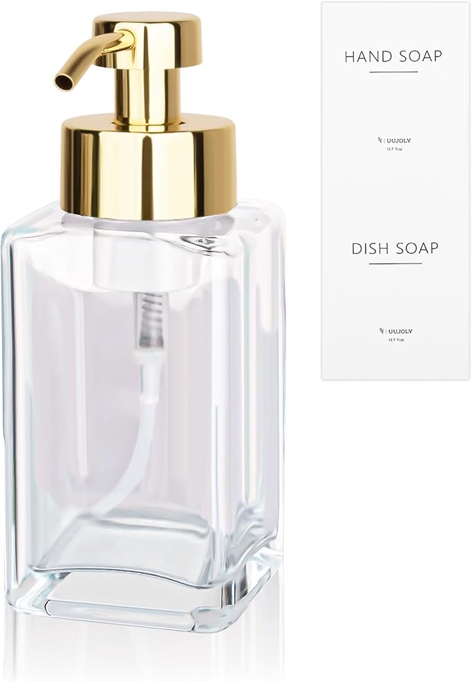 Foaming Soap Dispenser with Stainless Steel Pump, 12oz Refillable Glass Liquid Dish Soap Bottles for Bathroom, Kitchen Sink, Home Decor