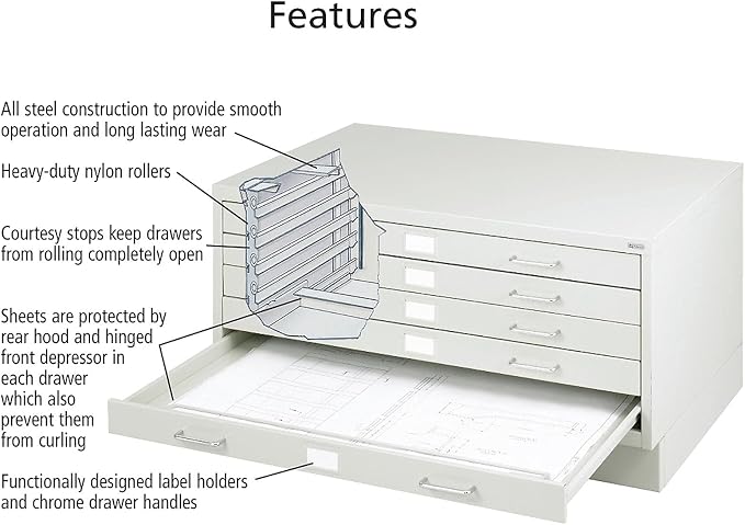 Safco Products 4969LG Facil Steel Flat File, 5 Drawer Metal Cabinet, Small (Optional Base Sold Separately), Light Gray