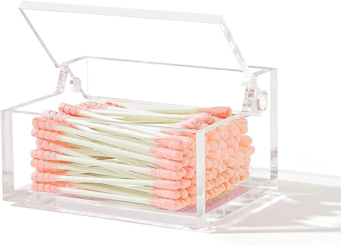 Clear Acrylic Qtip Holder with Lid, Cotton Balls Swab Organizer, 3.9" x 2.8" x 2" Dispenser for Makeup Pad, Floss Picks, Bath Salts, Cosmetic Storage Case, Home Bathroom Decor (DP051)