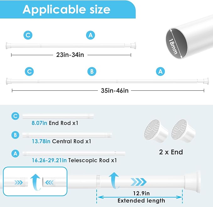 1Pcs Tension Curtain Rod 24 To 46 Inch White Shower Curtain Rod No Drilling Adjustable Spring Loaded Curtain Rods Shower Rods For Bathroom Windows Bedroom Closet Doorway Door