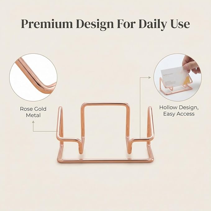 2 Pack Minimalist Metal Business Card Holder, Simple Wire Frame Desktop Organizer for Name Cards, Place Cards and QR Codes, Affordable Elegant Display for Office, Wedding and Home Decor(Rose Gold)