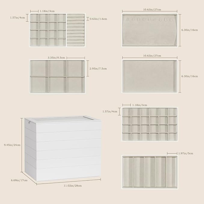Stackable Jewelry Organizer Trays with Glass Lid,Jewelry Tray for Drawer Insert,Jewelry Display Case for Earring Necklace Ring Watch Bracelet,White PU Leather Gray Velvet Lining,6 Layers