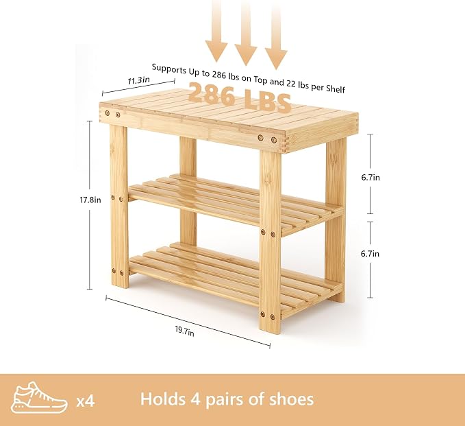 NEWBULIG Shoe Rack Bench, 3-Tier Bamboo Shoe Organizer, Wooden Entryway Storage Bench, 286 lb Load Capacity, 11.2x19.7x17.9 Inches, for Entryway Bathroom Bedroom Balcony, Wood