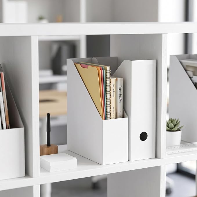Rempry 12 Pack Magazine File Holders White, Foldable Cardboard Document Organizer Boxes with Labels, Space-Saving Storage for Office, Home, School, 10.2x3.5x10.6 Inchs