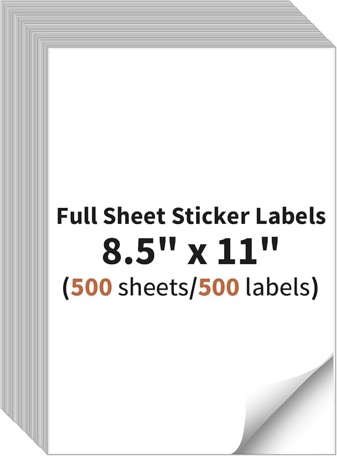 Full Sheet Sticker Labels, 8.5" x 11" Shipping Labels Paper (500 Sheets, 500 Labels), Self Adhesive Full Sheet White Matte Label Paper, Address Sticker Labels for Laser & Inkjet Printer