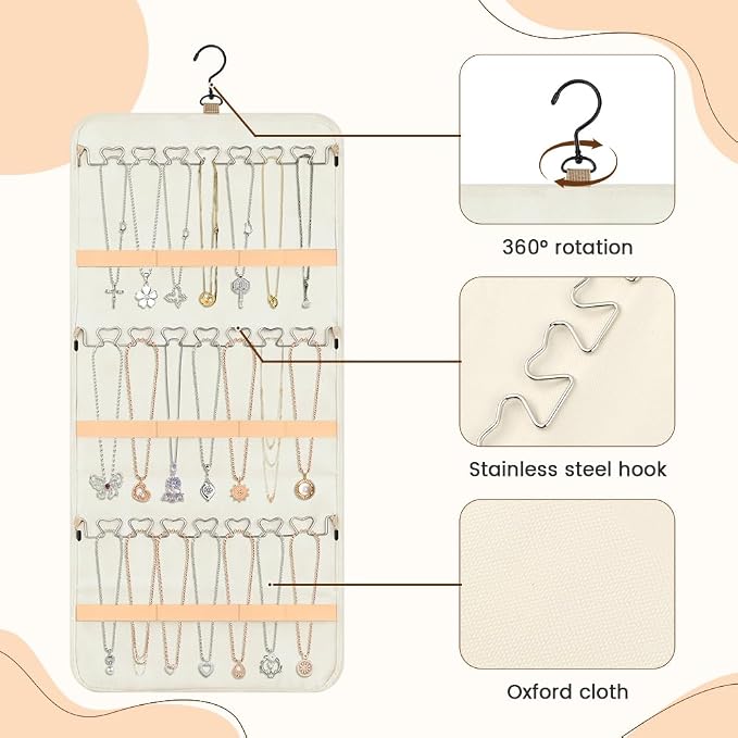 Hanging Jewelry Organizer Storage Roll with 48pcs Pocket Double Sided Rotating Hanger Necklace Hanging Wall Organizer with Hanger Hooks(COLOR:white)