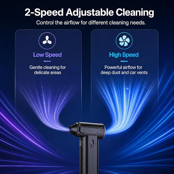 Compressed Air Duster, Powerful Cordless Electric Air Blowe | Electric Air Duster for Computer, Camera, Car Detailing – 3-Speed Adjustable, USB-C Fast Charging