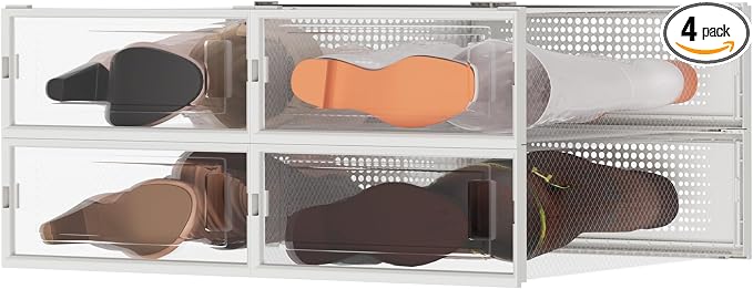 4 Pack Stackable Shoe Storage Boxes, Plastic Shoe Organizer Drawers Bins for Closet, Ventilated Shoe Containers with Lids for Sneakers, Heels and Boots, Clear