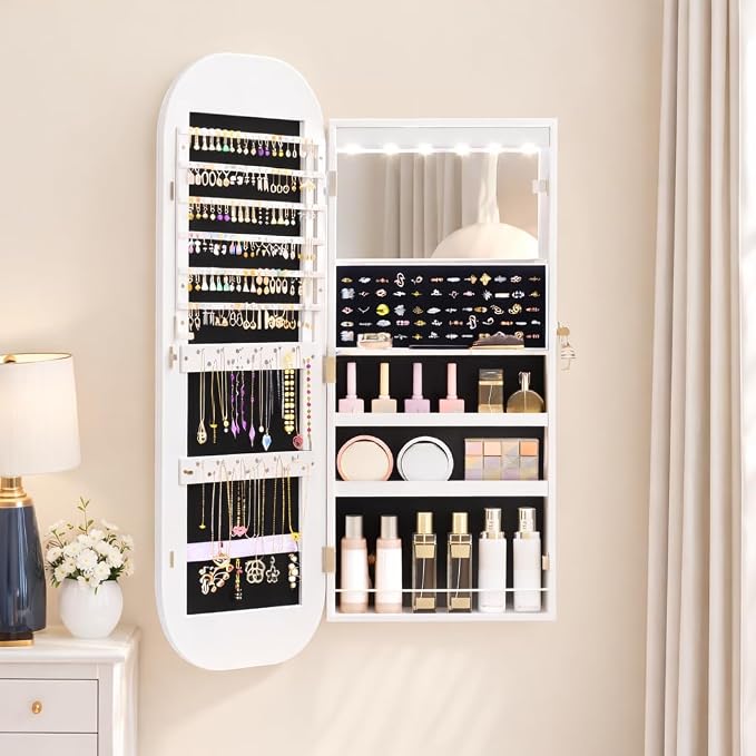 LVSOMT LED Mirror Jewelry Cabinet, Over the Door Jewelry Armoire Organizer | 42" Full Length Mirror with Storage, Built-in Makeup Mirror, Lockable Wall Mounted Jewelry Mirror for Women, Girls, White