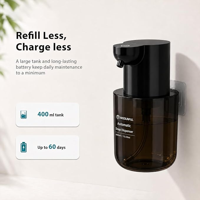 Automatic Foaming Hand Soap Dispenser - 13.5oz modunful M2 DA1501 Black | Wall Mount Countertop, Type-C Rechargeable, Transport Boby, Touchless, Delicate Foam