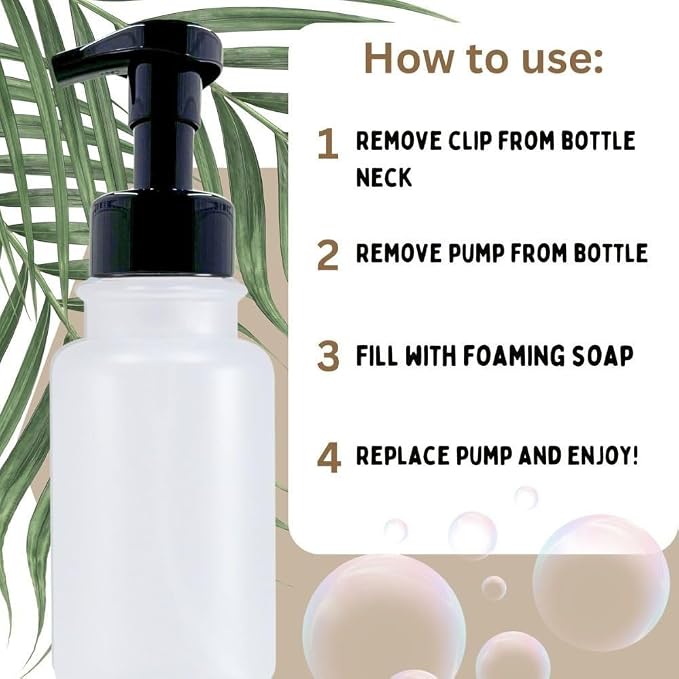 14 oz Plastic Foaming Soap Bottle Dispenser (Clear/Black) | frosted clear, matte finish, for foam soap, wide opening, easy refills, thick plastic