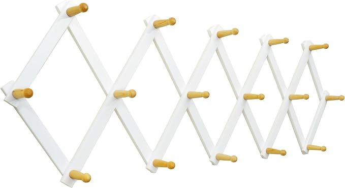 SKOLOO Accordion Wall Hanger with 16 Hooks, Modern Expandable Coat Rack Hat Rack for Wall, Solid Wooden, Natural on White