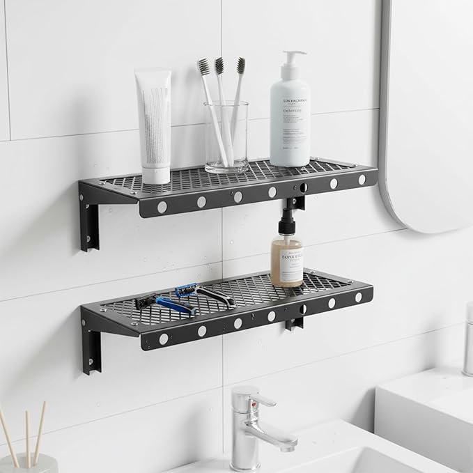 Floating Wall Shelves Set of 2, Black Floating Shelves,Wall-Mounted Bookshelf,Mesh Panel, Used in Living Room, Kitchen, Bathroom, Garage,Folding with Hooks.