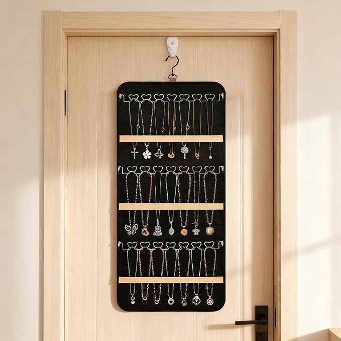Hanging Jewelry Organizer Storage Roll with 48pcs Pocket Double Sided Rotating Hanger Necklace Hanging Wall Organizer with Hanger Hooks(COLOR:Black)