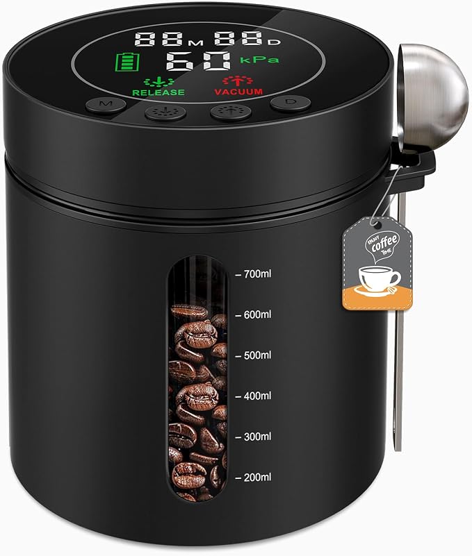 Automatic Vacuum Coffee Canister, 0.8L Coffee Container with Smart Pressure Sensor,LED Display,Window,Scoop Rechargeable Airtight Electric Coffee Bean Storage for Home Kitchen Ground Food Tea Storage