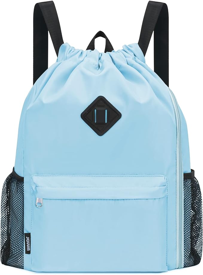 WANDF Drawstring Backpack with Shoe Compartment, Sports Gym Bag | Multi-Pocket Storage, Water-Resistant Fabric, Cinch String Bag