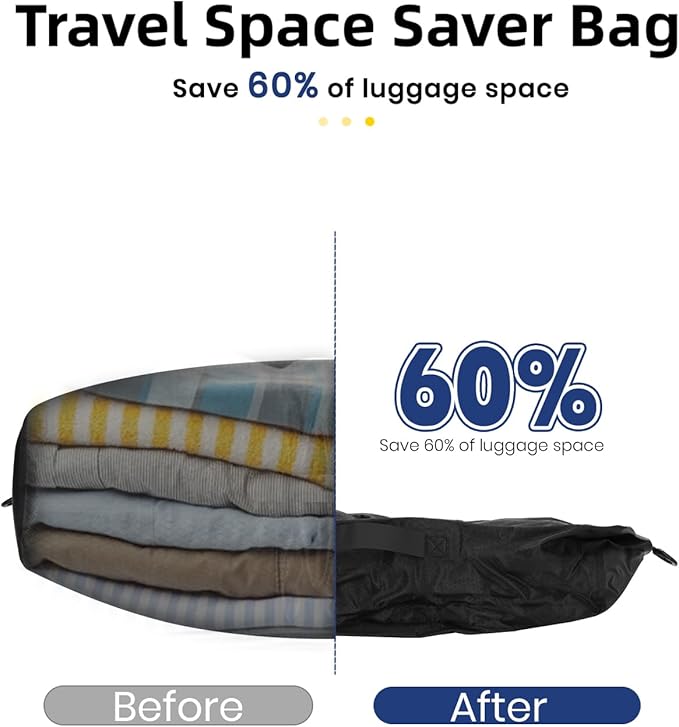 2 Vacuum ReusableTravel Vacuum Pack bags, 33L Space-Saving Vacuum Compression Bags for Travel Luggage, Suitcases, and Backpacks; IPX7 Waterproof & Reusable Vacuum Packing Cubes for Clothing (+Pump)