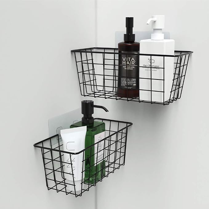 MaraFansie Hanging Kitchen Baskets, 2 Pack Wire Storage Basket Over Cabinet Door Organizer with Adhesive Hooks, No Drilling Pantry & Cabinet Organization for Kitchen Bathroom, Extra 2 Hooks, Black
