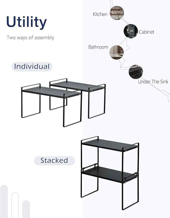 Nxconsu Stackable Cabinet Shelf Organizer 2 Pack, Standard Tall Black | Heavy-Duty 3mm Steel Stackable 2-Tier Shelf, Holds 50 lb, for Kitchen Cabinet Pantry Cupboard Counter Bathroom Under Sink