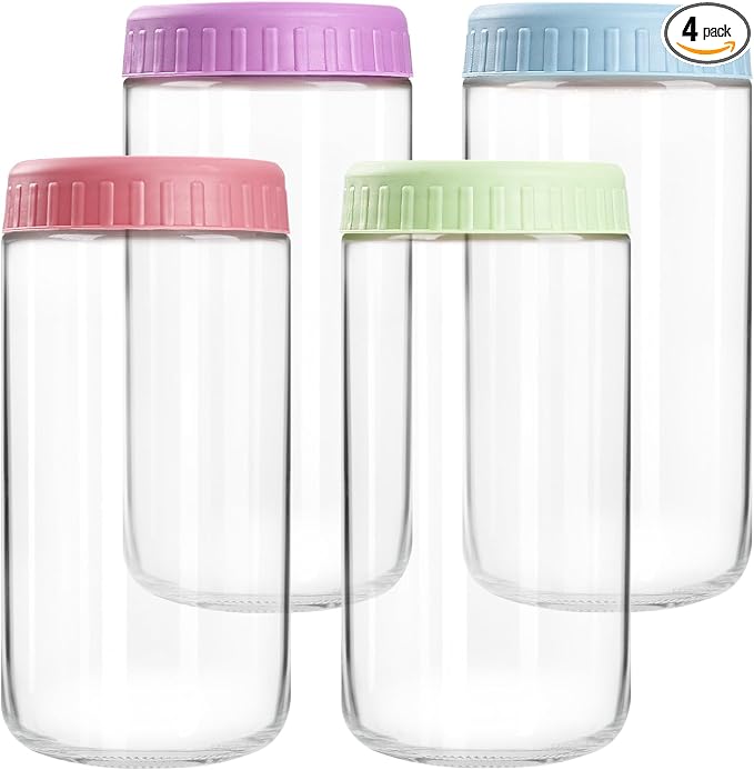 SHOWIN Overnight Oats Containers with Lids, 24oz Glass Jars with Lids 4 pcs, Candy, Wide Mouth Mason jars for Salad, Yogurt, Snacks, Meal Prep